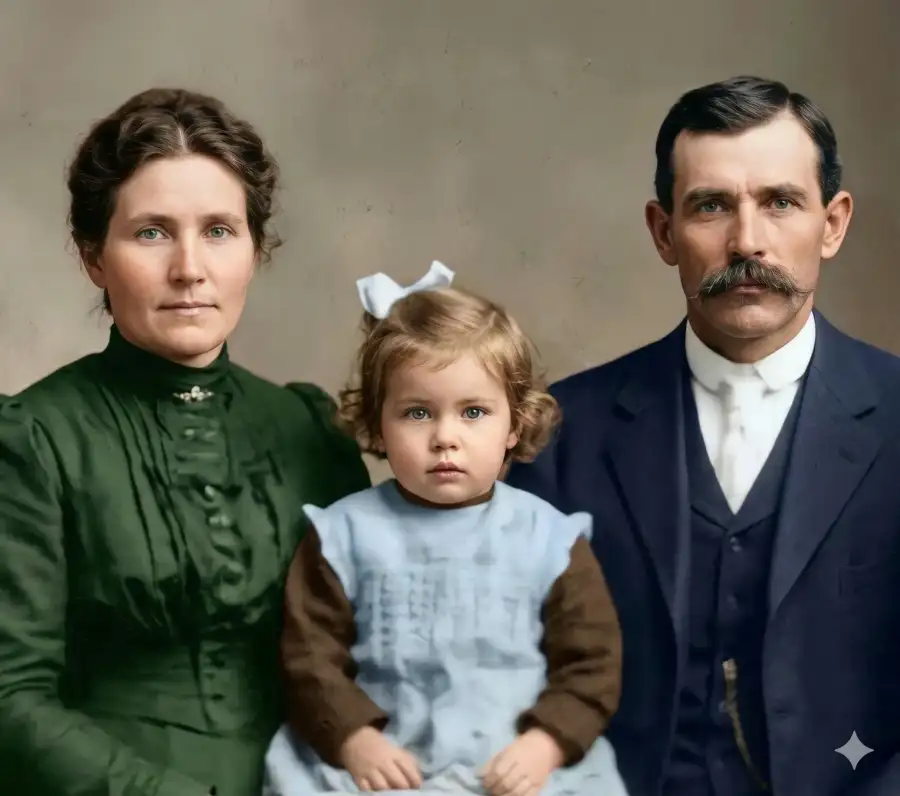 Family portrait after AI restoration — sharp, clear, and fully repaired