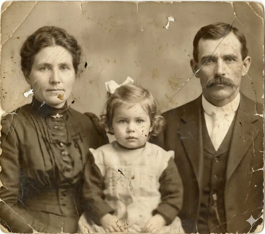Old scratched family portrait before AI photo restoration