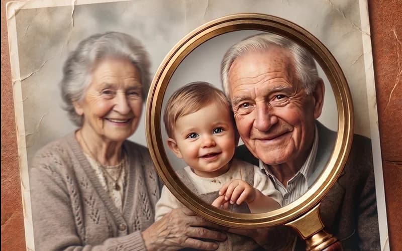 Detail zoom showing a barely visible face sharpened by AI restoration