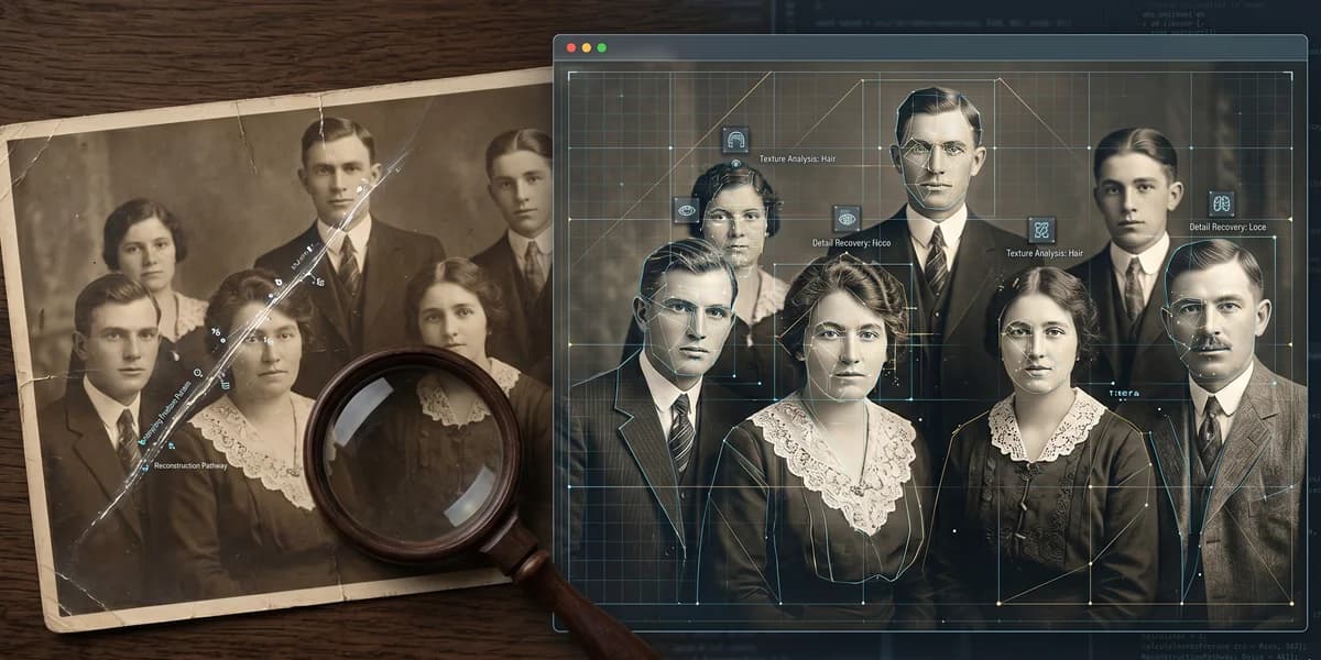 Diagram showing how AI photo restoration works — damaged photo input on the left, AI processing in the middle, and a sharp restored photo output on the right