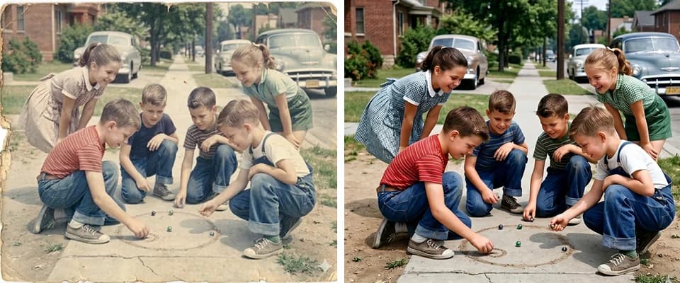 Faded and discolored photo before and after restoration