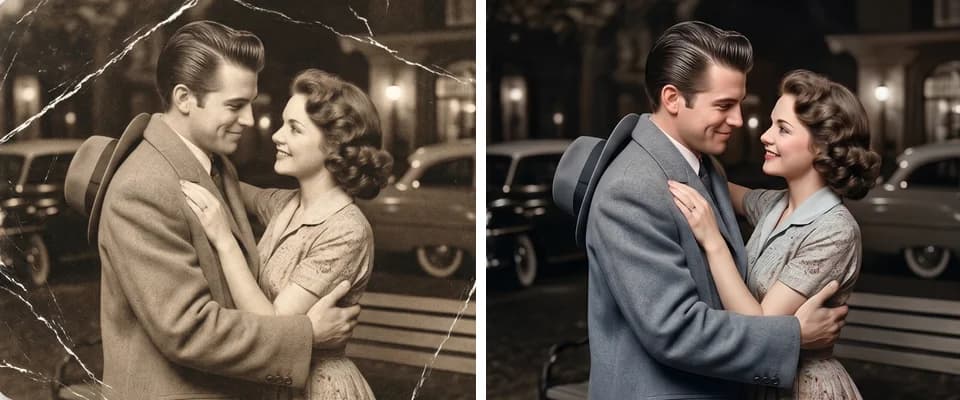 Scratched and damaged photo before and after restoration