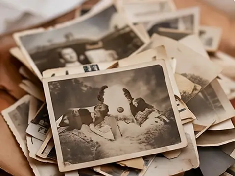 Pile of old damaged photo prints